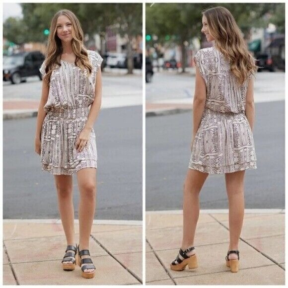 Kori America Crinkle Aztec Print Smock Waist Band Dress Navy Women’s Size Large - Picture 13 of 13